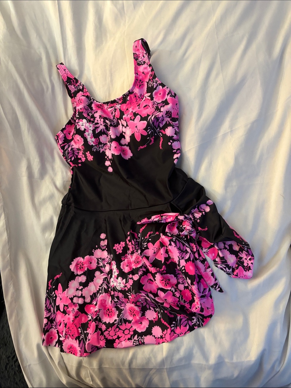 Women's Black Swim Sarong Dress with Pink Floral Print - Picture 3 of 6